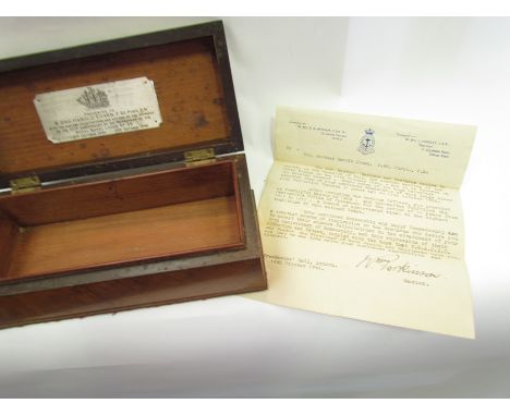 A mahogany presentation box with silver plaque and letter from Freemasons Hall, London, 1946