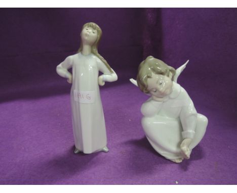 Two Lladro figures, a girl 21cm, and a cherub 18cm