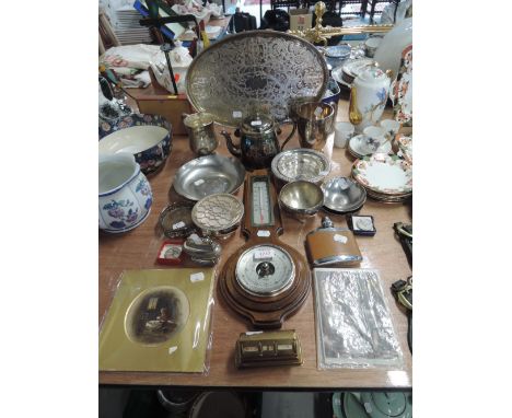 A selection of plated wares and hand painted tile and revolving desk top calendar