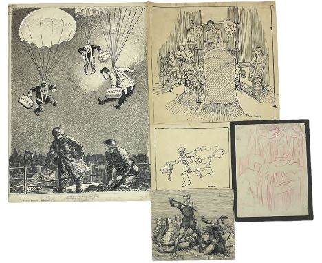 Ernest Howard Shepard (British 1879-1976): WWII 'Wind Falls', Knights in Battle, 'Alarm' and 'Firewatchers', four pen and ink