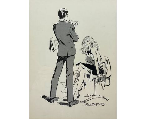 Frank Langford (British 1926-1996): Reading the News, pen and ink highlighted with white signed 34cm x 25cmNotes: Langford wa