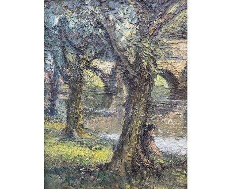 Manner of Ronald Ossory Dunlop (British 1894-1973): Figure Seated Beneath Tree next to River, oil on board inscribed verso 36