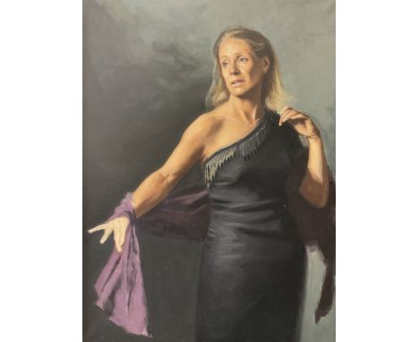 English School (mid 20th century): Three Quarter Length Portrait of a Woman in an Evening Gown with a Purple Shawl, oil on ca