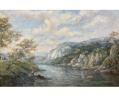 M J Rendell (British 1896-1980): Figures in a River Landscape, oil on board signed 40cm x 60cm