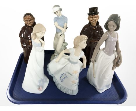 Four Nao figures and two decanters in the form on monks 