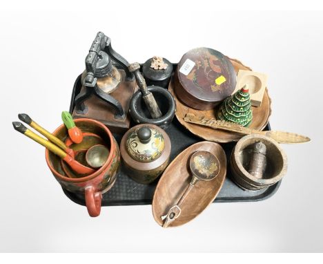 A group of treen items, Japanese lacquered export trinket box, pestle and mortar, table bell, etc. 