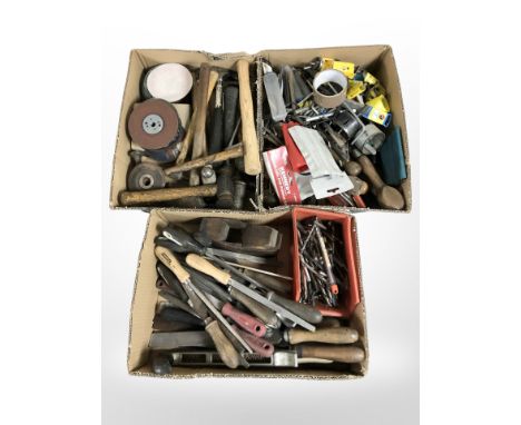 Large quantity of hand tools, joiner's tools, Thor hammers and hard ware (three boxes) 