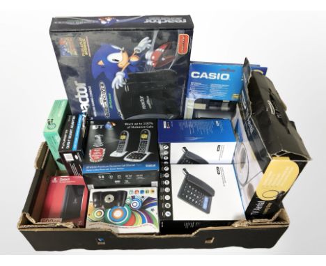 A group of home electricals including telephones, Reactor Sega Mega Drive game console, in box, 500GB hard drive, etc. (1 box