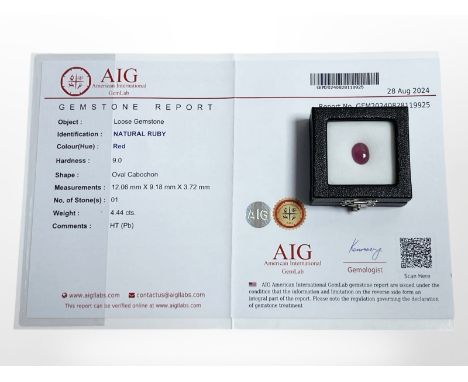 A natural red oval cabochon ruby, 4.44ct, with certification.
