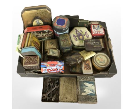 An assortment of vintage and later tins and boxes, faux tortoiseshell dressing table box etc (1 box)