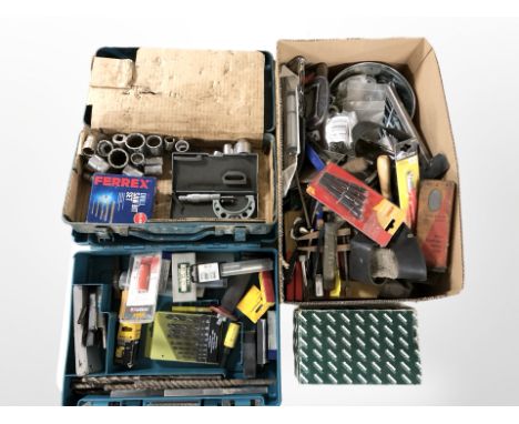 Two tool boxes and further box of assorted hand tools, hard ware, fittings, bolts etc 