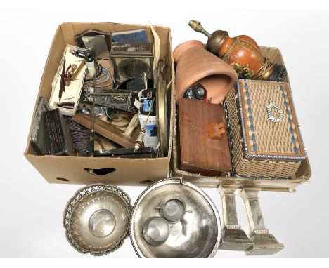 Assorted silver plated wares, ceramic lamp base, wicker sewing basket, pot, treen items etc (2 boxes) 
