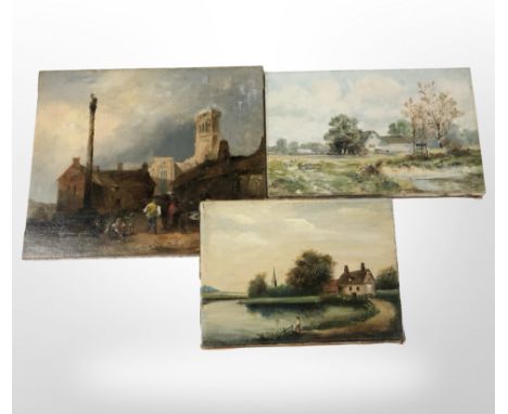 T K Fairless : Figures in a courtyard with cathedral beyond, oil on canvas, 38 cm x 45 cm, together with two further antique 