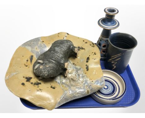Scandinavian studio pottery wares; candlestick, vase, large abstract fruit bowl, Polish figure of a bison, etc 