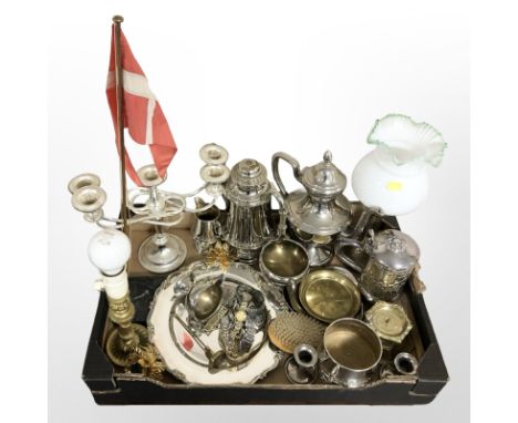 Silver plated coffee pots, tankard, twin handled vessels, milk jug etc together with brass and opaque glass oil lamp, silver 