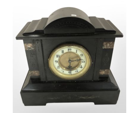 A Victorian black slate and marble eight day mantel clock, height 29 cm, with pendulum 