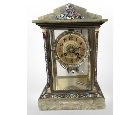 A French brass onyx and champleve enamel eight day mantel clock, with mercury pendulum, striking on a gong, with key, height 