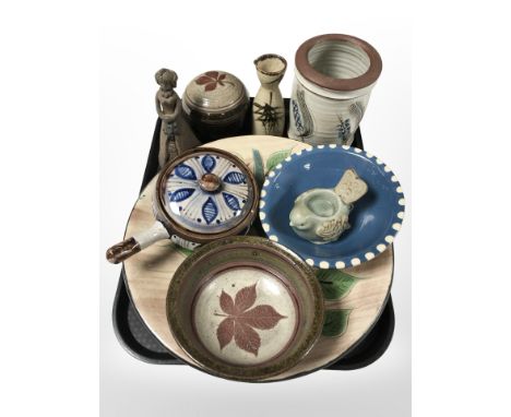 A group of Scandinavian ceramics; fruit bowl, tea light holder in the form of a bird, vase, lidded trinket box etc 