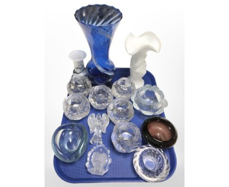 A group of Scandinavian glass wares including textured tea light holders, Art glass vases, paperweights etc 