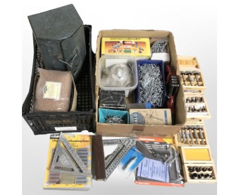 Quantity of tools and hard ware, combination squares, Clarke bit sets, metal tool box, pearl glue (two boxes) 