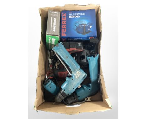 Several power drills including Makita, multi functional sharpener in box, hand tools etc (1 box)