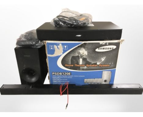 A Bose solo TV soundsystem, a Samsung soundbar, a Samsung speaker, a Samsung PSDB120E home theatre speaker system in box and 