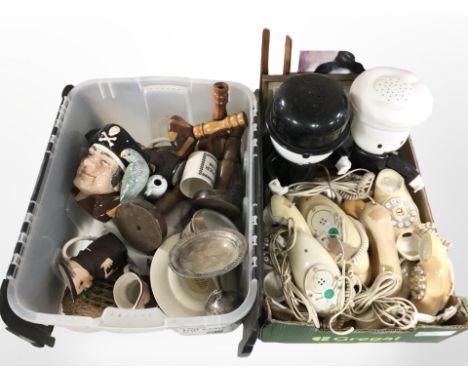 Vintage telephones, treen items, West German jugs in the form of monks, filled silver bowls (as found), Royal Doulton Long Jo