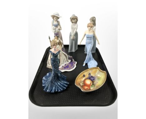 Six various figures including Nao, Royal Doulton Diana, etc and a Japanese fruit decorated dish  