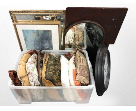 A domed etched mirror, gilt framed mirror, small folding table, print after J.M.W. Turner of Alnwick Castle and cushion moder
