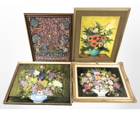 Three contemporary still life oils and a tapestry, largest 81 cm x 65 cm overall 