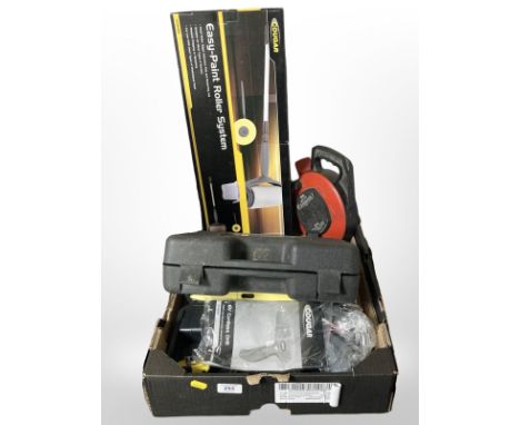 A Cougar paint roller, extension lead, drill bit set, cordless drill, allen keys and other hardware. (1 boxx) 