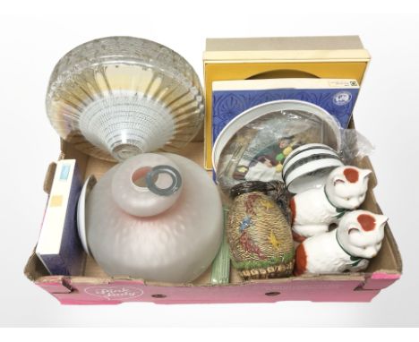 Two Art Deco glass light shades, pair of Staffordshire cats, collector's plates including Wedgwood, Art Deco ceramic jug, etc