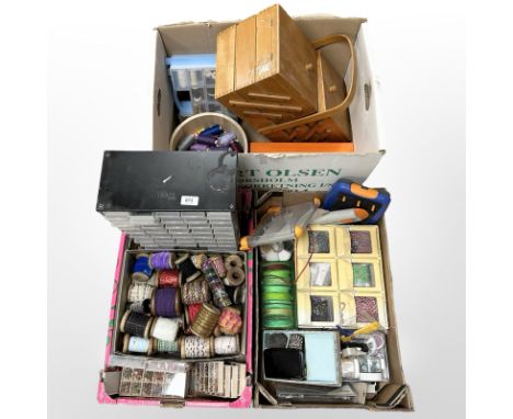 A concertina sewing box, various boxes of spools of thread and craft items (3 boxes) 