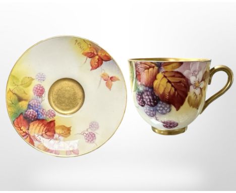 A Royal Worcester porcelain tea cup and saucer, hand painted with blackberries by K. Blake, saucer 10 cm diameter. 