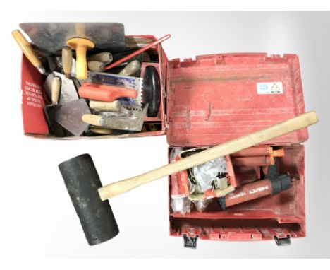 A quantity of tools and hardware, large fairground mallet (2 boxes)