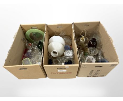 A large quantity of 20th century glass wares, opaque glass shade, lamp shade (three boxes) 