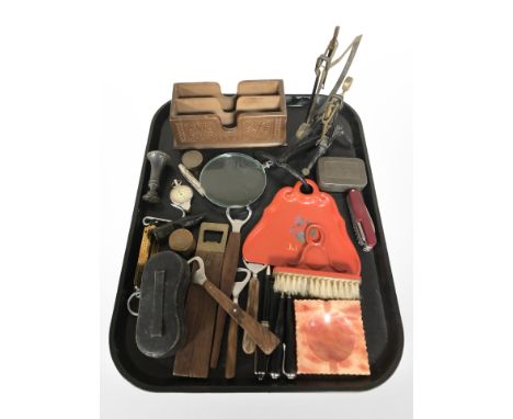 Miscellaneous including a desk seal, Swiss Army style knife, scales, magnifying glass, Scandinavian teak handled bottle opene