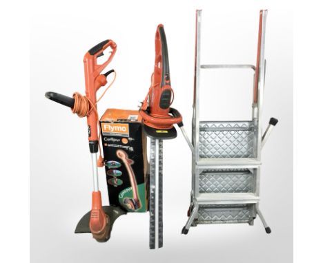 A folding step ladder, Flymo strimmer, hedge trimmer and Contor strimmer in box 