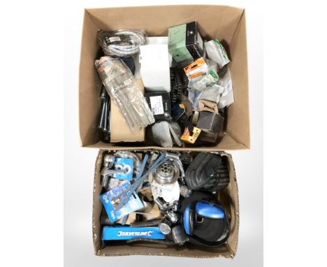 A quantity of tools and hard ware, ear protectors, chrome mixer taps, pressure gauge etc (2 boxes) 