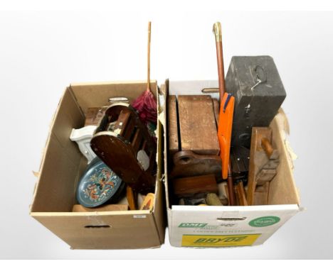 Assorted wooden wares, mantel clock, boxes, clogs, wood working plane, walking stick etc (2 boxes) 