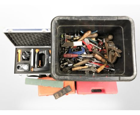 Assorted hand tools, number 4 wood working plane, boxed staple gun, socket set, etc (2 boxes) 