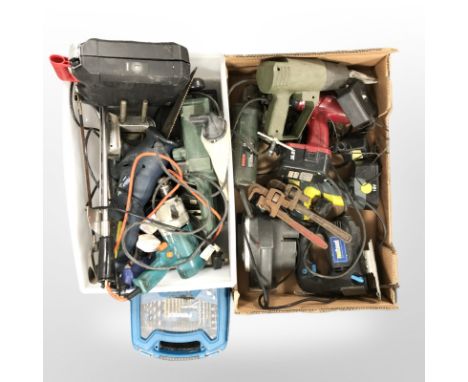 A quantity of power tools including Bosch, Nutool, Black and Decker, drill bit set etc (2 boxes)