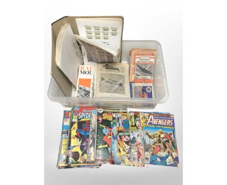 A group of aircraft spotting books, album of stamps and small quantity of vintage Marvel comics (one box)