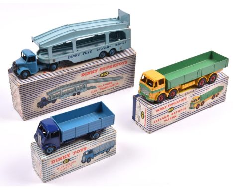 3 Dinky Toys. Guy 4-ton Lorry (511), in two-tone blue livery. Pullmore Car Transporter (982). An example with mid blue cab an