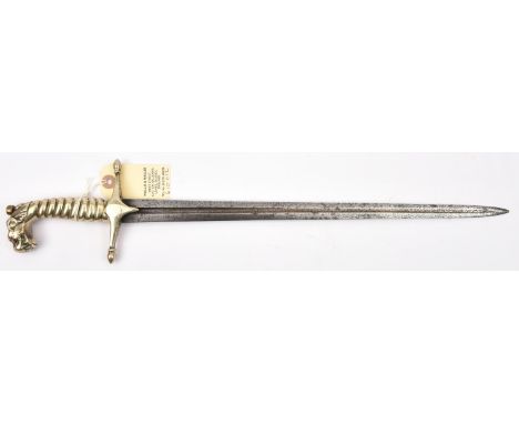 An early 19th century continental bandsman’s shortsword/dagger, tapering DE blade 15½”, with central fuller, solid brass hilt