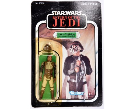 A Kenner Star Wars Return of the Jedi Lando Calrissian (Skiff Guard Disguise) vintage 3.75" figure. On a sealed 1983 unpunche