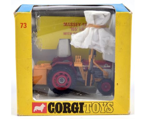 Corgi Toys Massey Ferguson '165' Tractor (73). In red, orange and light grey, example fitted with saw attachment. Boxed, most