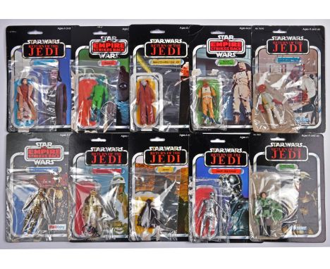 12x Star Wars 3.75" vintage figures with backing cards. 4x Return of the Jedi examples by Kenner; 8D8, Chewbacca, Princess Le