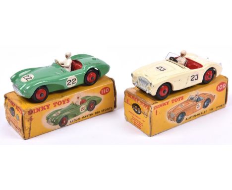 2 Dinky Toys. Austin Healey 100 Sports (109). In cream with red interior &amp; wheels. RN 23. Together with an Aston Martin D