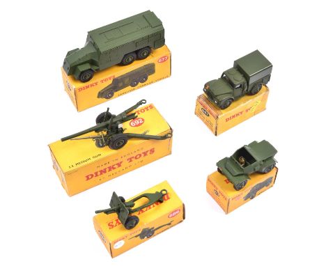 5 Dinky Toys Military items. Army 1-Ton Cargo truck (641). Scout Car (673).  Armoured Command Vehicle (677). 25-Pounder Field